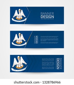 Set of three horizontal banners with US state flag of Louisiana. Web banner design template in color of Louisiana flag. Vector illustration.