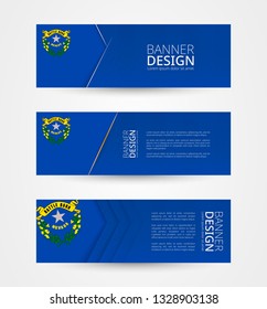 Set of three horizontal banners with US state flag of Nevada. Web banner design template in color of Nevada flag. Vector illustration.