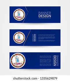 Set of three horizontal banners with US state flag of Virginia. Web banner design template in color of Virginia flag. Vector illustration.