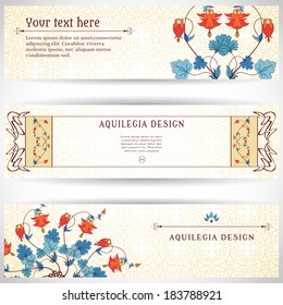 Set of three horizontal  banners. Vintage pattern in modern style. Aquilegia plants contain flowers, buds and leaves. Simple delicate ornament. Place for your text.