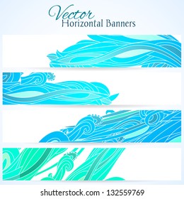Set of three horizontal banners with water hand drawn waves