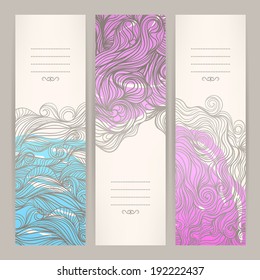 Set with three horizontal banners with wavy patterns and watercolor spots