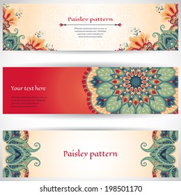 Set of three horizontal banners.Beautiful floral pattern in oriental style. Simple delicate ornament. Place for your text. 