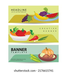 Set of three horizontal berries and fruits banners with colorful images of natural fruit slices with text vector illustration
