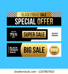 Set of Three horizontal Black Friday banners in golden style, vector illustration for online shopping banners, posters, newsletter designs, ads, coupons, social media banner