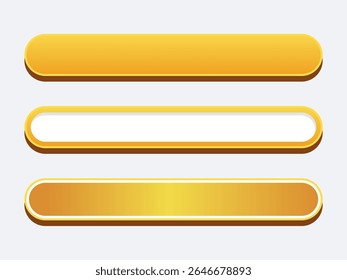 Conjunto de três elementos de botão horizontal com um acabamento metálico elegante dois em ouro e um em branco. Ideal para design de interface do usuário em sites, banner de caixa de texto, botão ou quadro de título para botões de chamada para ação.
