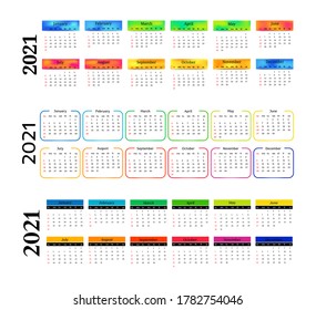 Set of three horizontal calendars for 2021 isolated on a white background. Sunday to Monday, business template. Vector illustration