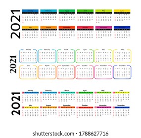 Set of three horizontal calendars for 2021 isolated on a white background. Sunday to Monday, business template. Vector illustration