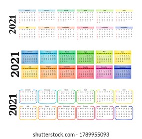 Set of three horizontal calendars for 2021 isolated on a white background. Sunday to Monday, business template. Vector illustration