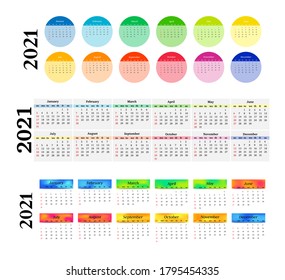 Set of three horizontal calendars for 2021 isolated on a white background. Sunday to Monday, business template. Vector illustration