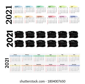 Set of three horizontal calendars for 2021 isolated on a white background. Sunday to Monday, business template. Vector illustration