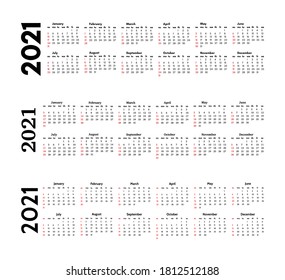 Set of three horizontal calendars for 2021 isolated on a white background. Sunday to Monday, business template. Vector illustration