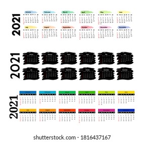 Set of three horizontal calendars for 2021 isolated on a white background. Sunday to Monday, business template. Vector illustration