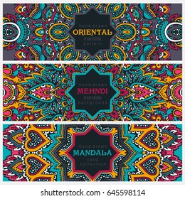 Set of three horizontal cards or flyers with abstract henna mehndi ornament. Decorative colorful pattern with ornate texture, tribal ethnic oriental motif. Vector illustration