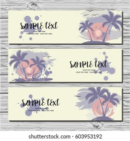 Set of three horizontal cards with palm trees, sun and gulls. Template cards.