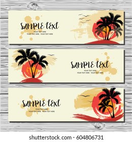 Set of three horizontal cards with palm trees, sun and gulls. Template cards.