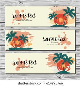 Set of three horizontal cards with palm trees, sun and gulls. Template cards.