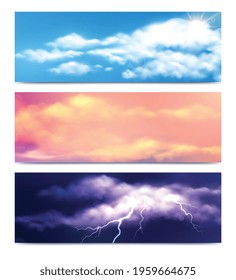 Set of three horizontal clouds banners with realistic nature views of clear dusty and stormy sky vector illustration