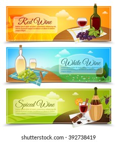 Set of three horizontal colored banners in a modern style with different types of wines vector illustration