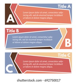 Set of three horizontal colorful options banners. Step by step infographic design template. Vector illustration
