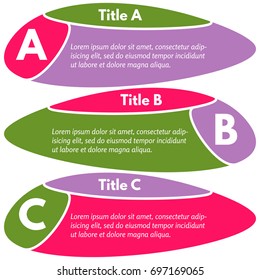 Set of three horizontal colorful options banners. Step by step infographic design template. Vector illustration