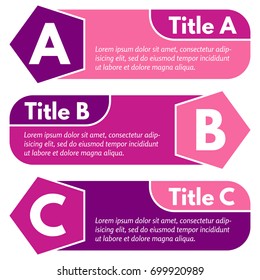 Set of three horizontal colorful options banners. Step by step infographic design template. Vector illustration