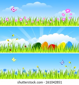 Set of three horizontal drawings - easter eggs, green grass, flowers and insect on blue sky, clouds and sun background, vector illustration