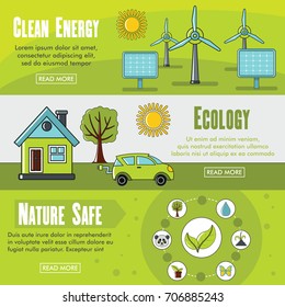 Set of three horizontal ecology banners with colorful images of ecology with text vector illustration. Banners for eco design and web