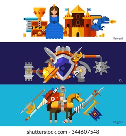 Set of three horizontal flat banners with reward elements medieval weapons kit and knights vector illustration