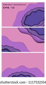 Set of three horizontal flyers with abstract papercut design. Corporate template with multi layers of paper. Trendy ultra violet color scheme.