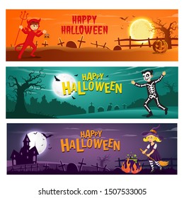set of three horizontal halloween banner with text and cartoon character kids in halloween costume
