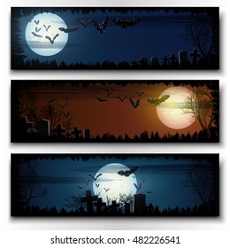 Set of three horizontal Halloween banners with full moon over the old cemetery.