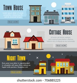 Set of three horizontal house banners with colorful images of town house with text vector illustration. Banners for cottage house design and web