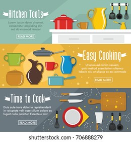 Set of three horizontal kitchen banners with colorful images of kitchen dishes with text vector illustration. Banners for cooking design and web