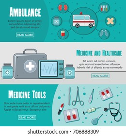 Set of three horizontal medicine banners with colorful images of ambulance with text vector illustration. Banners for medicine design and web