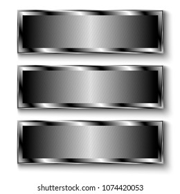 Set of three horizontal metal banners. Elements of design for business and advertising. Vector label, ribbons, tag, buttons. Vector illustration.
