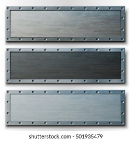 Set of three horizontal metal banners. Vector illustration.