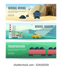Set of three horizontal mineral mining industry and transportation banners with coalmine factory and rail cars vector illustration