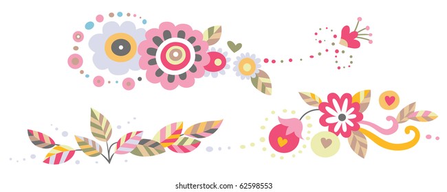 Set of three horizontal ornaments with flowers and leaves.