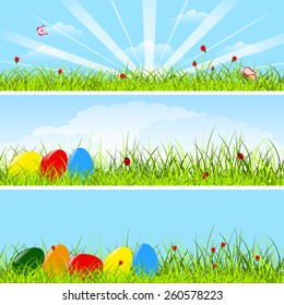 Set of three horizontal postcards with easter eggs, green grass, flowers and insect on blue sky, clouds and sun background, vector illustration