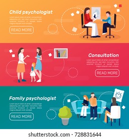 Set of three horizontal psychologist counseling people banners with flat people characters and read more button vector illustration