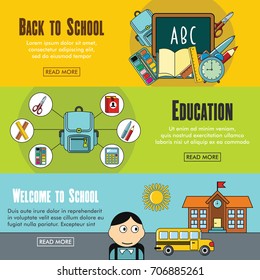 Set of three horizontal school banners with colorful images of school with text vector illustration. Banners for education design and web