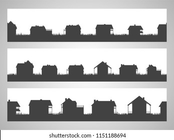 Set of three horizontal seamless illustration with country cottages. Black silhouettes.