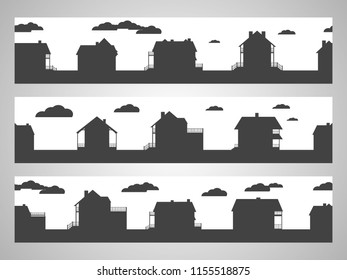 Set of three horizontal seamless illustration with country cottages. Black silhouettes.