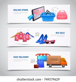 Set of three horizontal shopping banners with flat images of plastic basket with tablet and application vector illustration