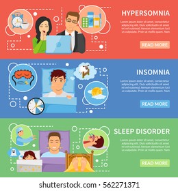 Set of three horizontal sleeping disorders banners with conceptual compositions of suffering people medication decorative symbols vector illustration