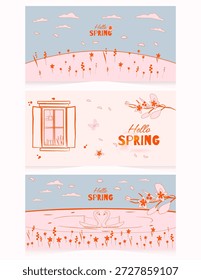 Conjunto de tres Anuncios de primavera Horizontales en estilo minimalista de arte de línea doodle. Ilustraciones vectoriales limpias creadas con una paleta limitada de tres colores. El primer Anuncio muestra una ventana con una acogedora vista interior, ramas florecientes y pétalos voladores. El segundo Anuncio presenta cisnes en un estanque con cielo, nubes, flores y pétalos. El tercer Anuncio presenta un prado primaveral con flores y un cielo abierto con nubes. Perfecto para promociones de temporada, Sitios web, cabeceras, redes sociales, branding y diseño editorial. Todos los Anuncios se combinan en un archivo de Vector.