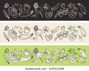 set of three horizontal stripes ornaments vegetables doodles line on different colors