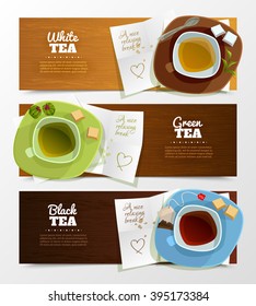 Set of three horizontal tea banners with top viewed caps on saucers with cute love letters underneath vector illustration