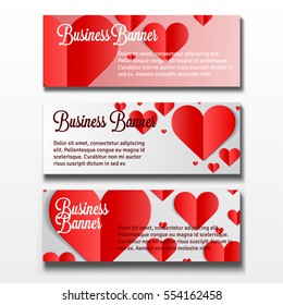 Set of three horizontal Valentines Day business banner templates with heart.
